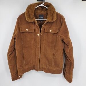 Me Jane Brown Corduroy Jacket Faux Fur Lined Collar L Cowgirl Western Cottage